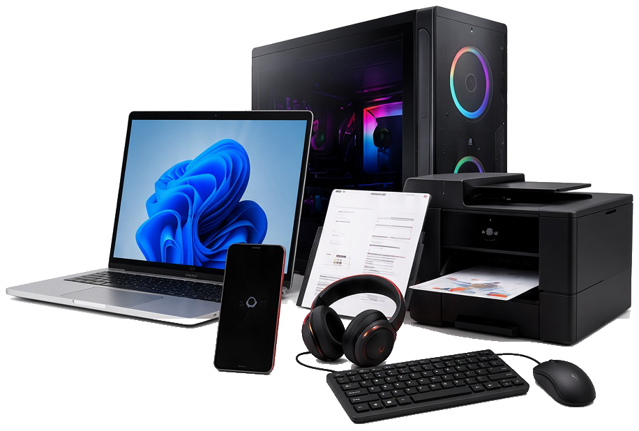 Laptop, printer, phone, headphones and desktop computer
